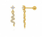 Anti-Tarnish Stainless Steel 18K Gold CZ Snake Wave Drop Stud Earrings (Waterproof)