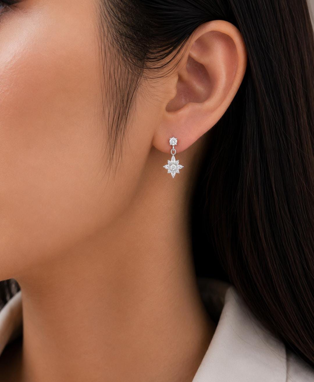 Anti-Tarnish Stainless Steel Rhodium Silver CZ Star Gaze Drop Stud Earrings (Waterproof)