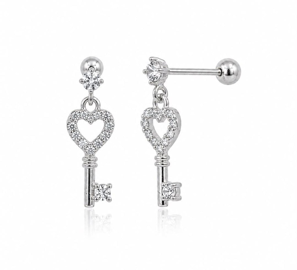 Anti-Tarnish Stainless Steel Rhodium Silver CZ Key Heart Drop Stud Earrings (Waterproof)