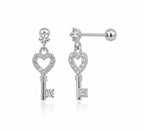 Anti-Tarnish Stainless Steel Rhodium Silver CZ Key Heart Drop Stud Earrings (Waterproof)