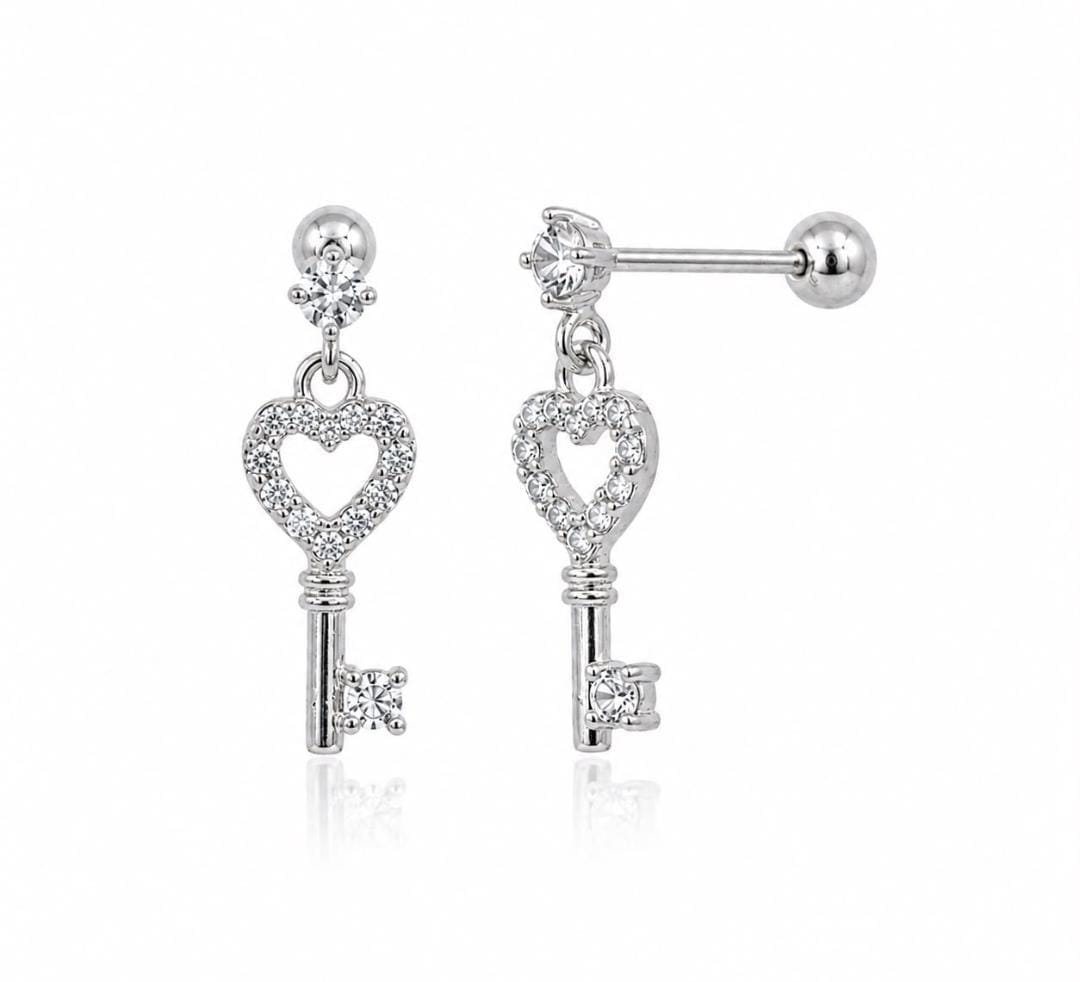 Anti-Tarnish Stainless Steel Rhodium Silver CZ Key Heart Drop Stud Earrings (Waterproof)