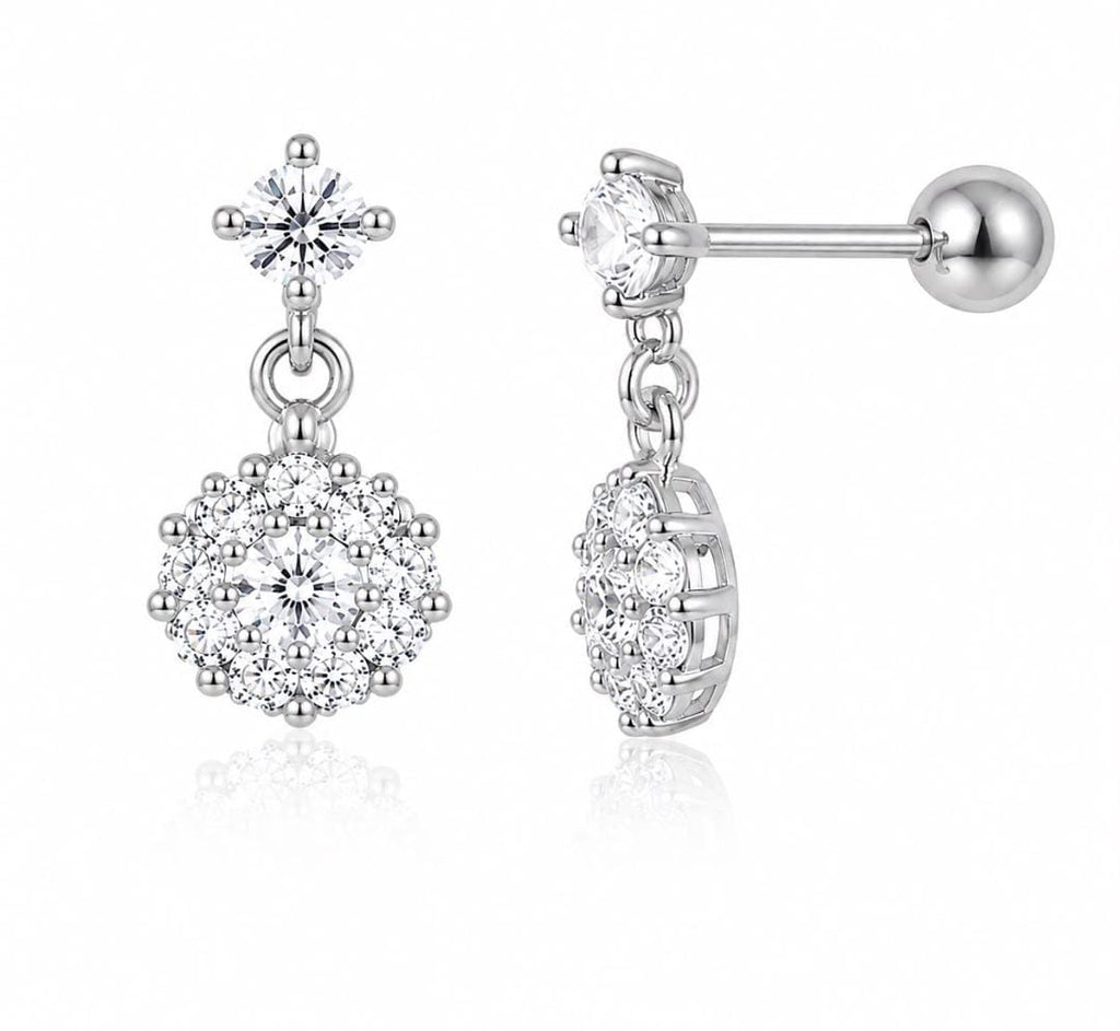 Anti-Tarnish Stainless Steel Rhodium Silver CZ Ball Round Drop Stud Earrings (Waterproof)