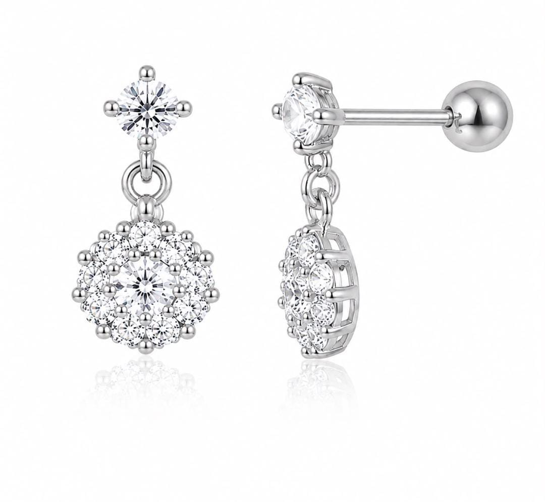Anti-Tarnish Stainless Steel Rhodium Silver CZ Ball Round Drop Stud Earrings (Waterproof)