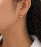 Anti-Tarnish Stainless Steel 18K Gold Color CZ Cross Drop Stud Earrings (Waterproof)