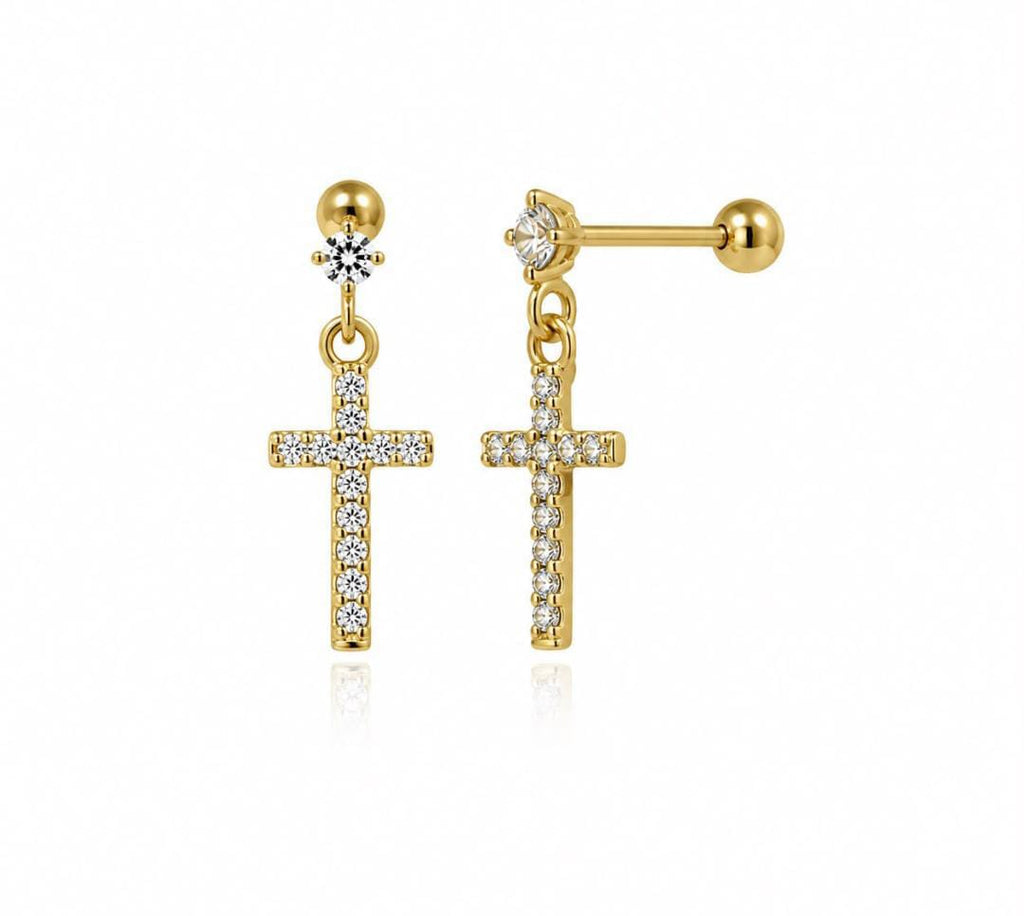 Anti-Tarnish Stainless Steel 18K Gold Color CZ Cross Drop Stud Earrings (Waterproof)