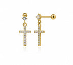 Anti-Tarnish Stainless Steel 18K Gold Color CZ Cross Drop Stud Earrings (Waterproof)