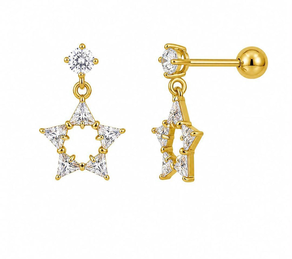 Anti-Tarnish Stainless Steel 18K Gold CZ Key Heart Drop Stud Earrings (Waterproof)
