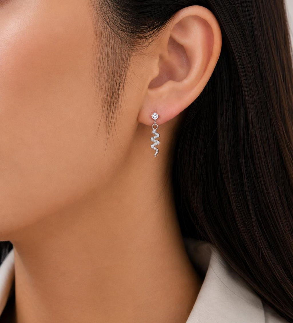 Anti-Tarnish Stainless Steel Rhodium Silver CZ Snake Wave Drop Stud Earrings (Waterproof)