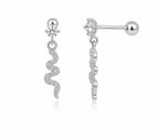 Anti-Tarnish Stainless Steel Rhodium Silver CZ Snake Wave Drop Stud Earrings (Waterproof)