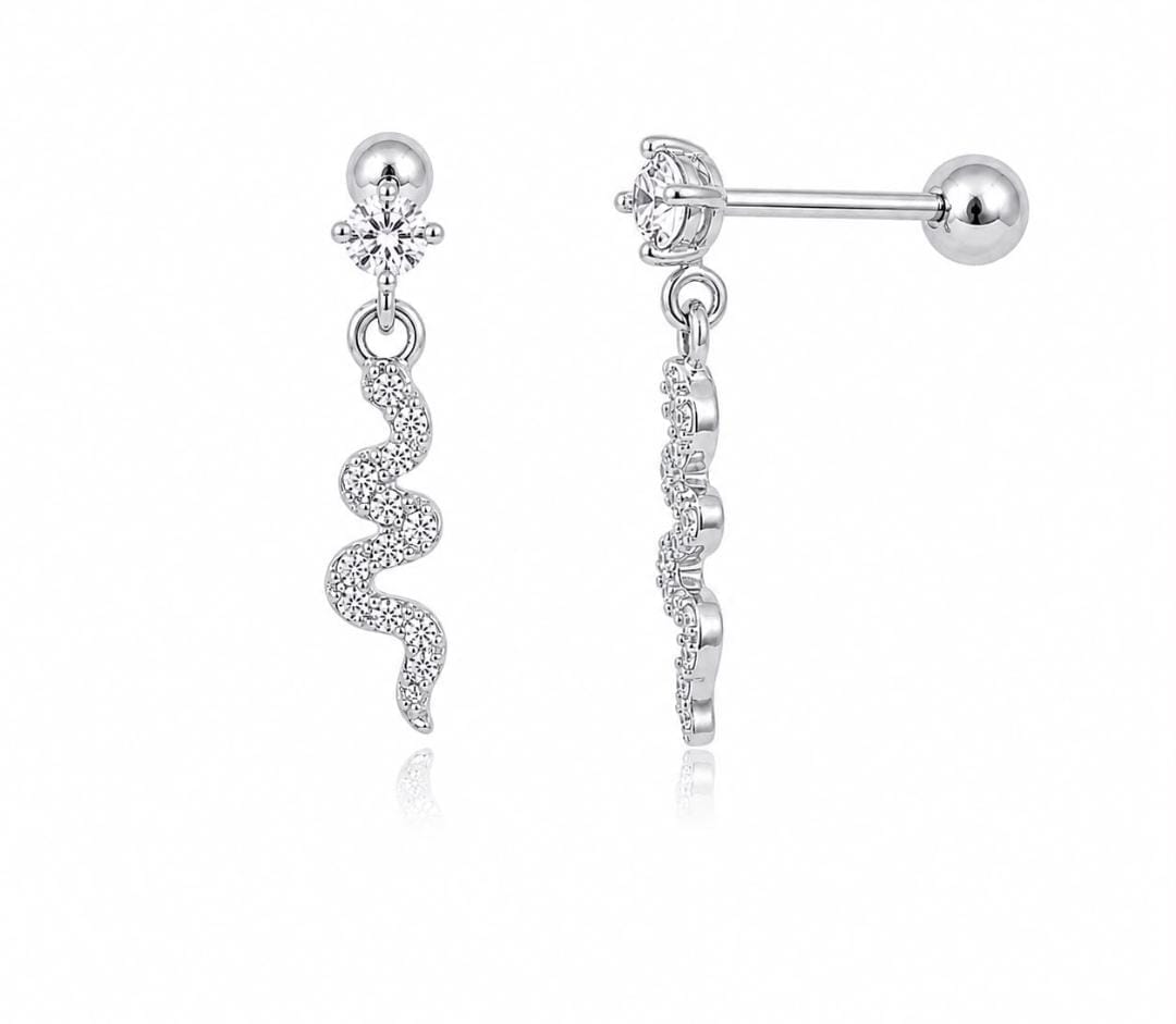 Anti-Tarnish Stainless Steel Rhodium Silver CZ Snake Wave Drop Stud Earrings (Waterproof)