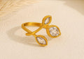 Anti-Tarnish Adjustable Stainless Steel 18K Gold White Stone Leaf Wrap Ring