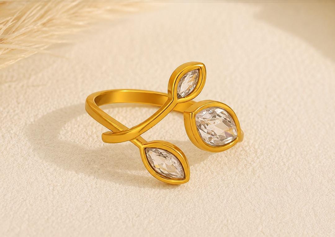 Anti-Tarnish Adjustable Stainless Steel 18K Gold White Stone Leaf Wrap Ring