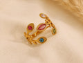 Anti-Tarnish Adjustable Stainless Steel 18K Gold Multi-Color Evil Eye & Leaf Wrap Ring