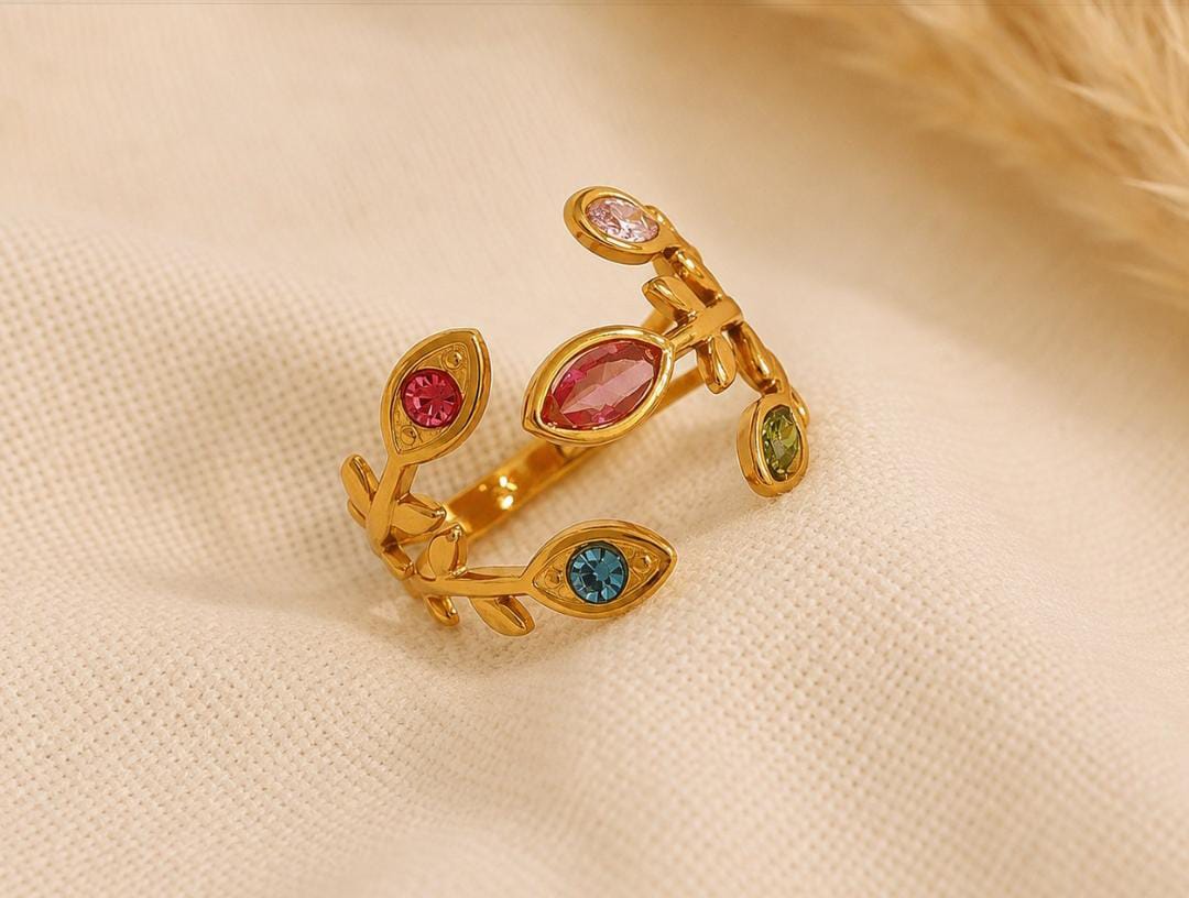 Anti-Tarnish Adjustable Stainless Steel 18K Gold Multi-Color Evil Eye & Leaf Wrap Ring