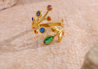 Anti-Tarnish Adjustable Stainless Steel 18K Gold Multi-Color Stone Leaf Wrap Ring