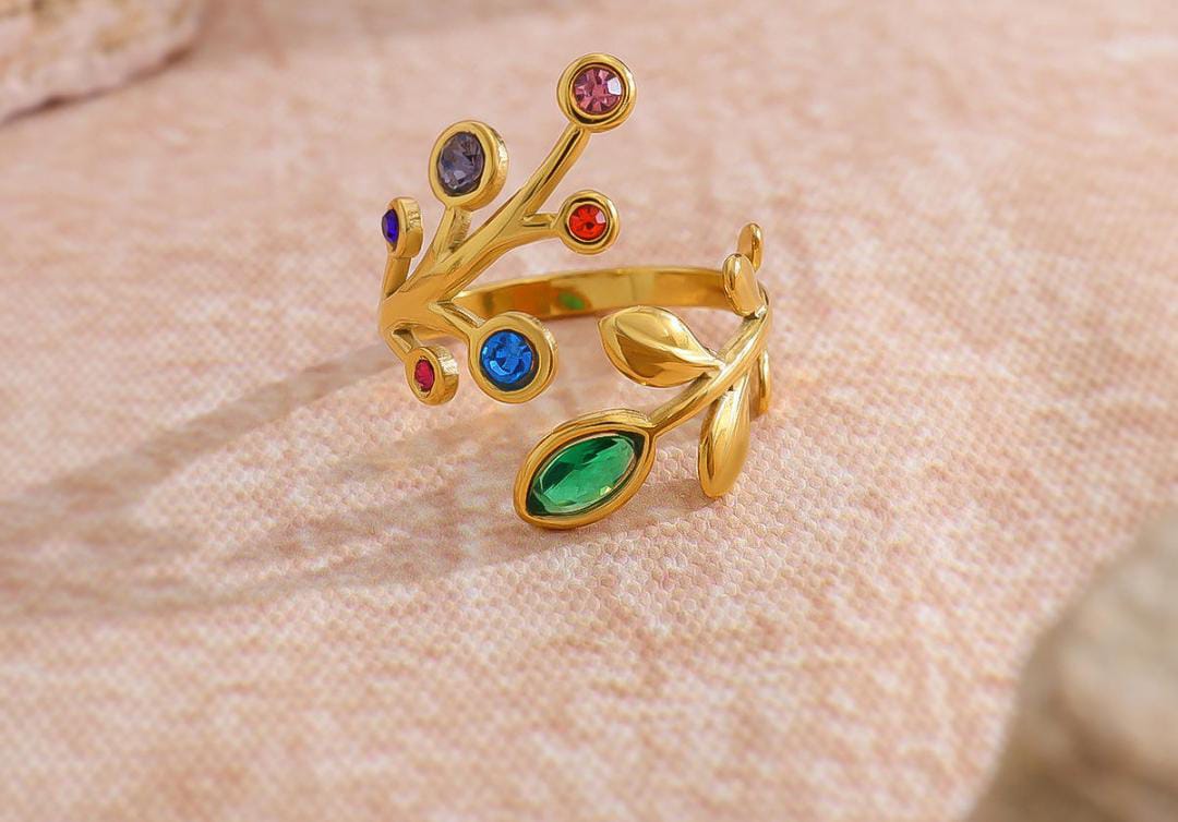 Anti-Tarnish Adjustable Stainless Steel 18K Gold Multi-Color Stone Leaf Wrap Ring