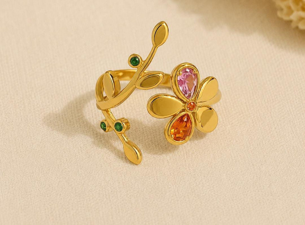 Anti-Tarnish Adjustable Stainless Steel 18K Gold Multi-Color Flower & Leaf Wrap Ring