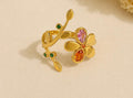 Anti-Tarnish Adjustable Stainless Steel 18K Gold Multi-Color Flower & Leaf Wrap Ring