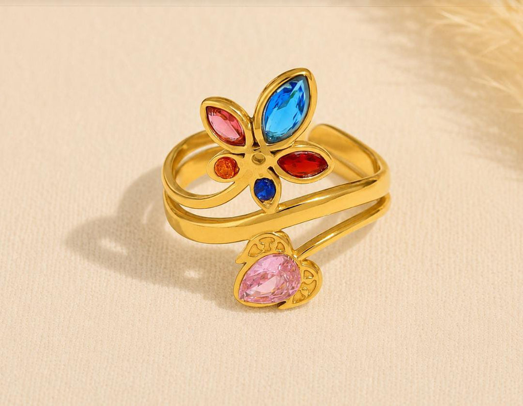 Anti-Tarnish Adjustable Stainless Steel 18K Gold Multi-Color Heart Arrow & Leaf Wrap Ring