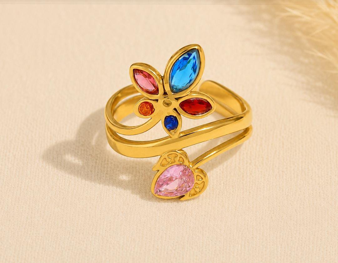 Anti-Tarnish Adjustable Stainless Steel 18K Gold Multi-Color Heart Arrow & Leaf Wrap Ring
