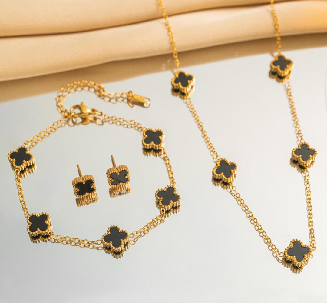 Anti-Tarnish Stainless Steel 18K Gold Black Clover Leaf Combo Jewelry Set
