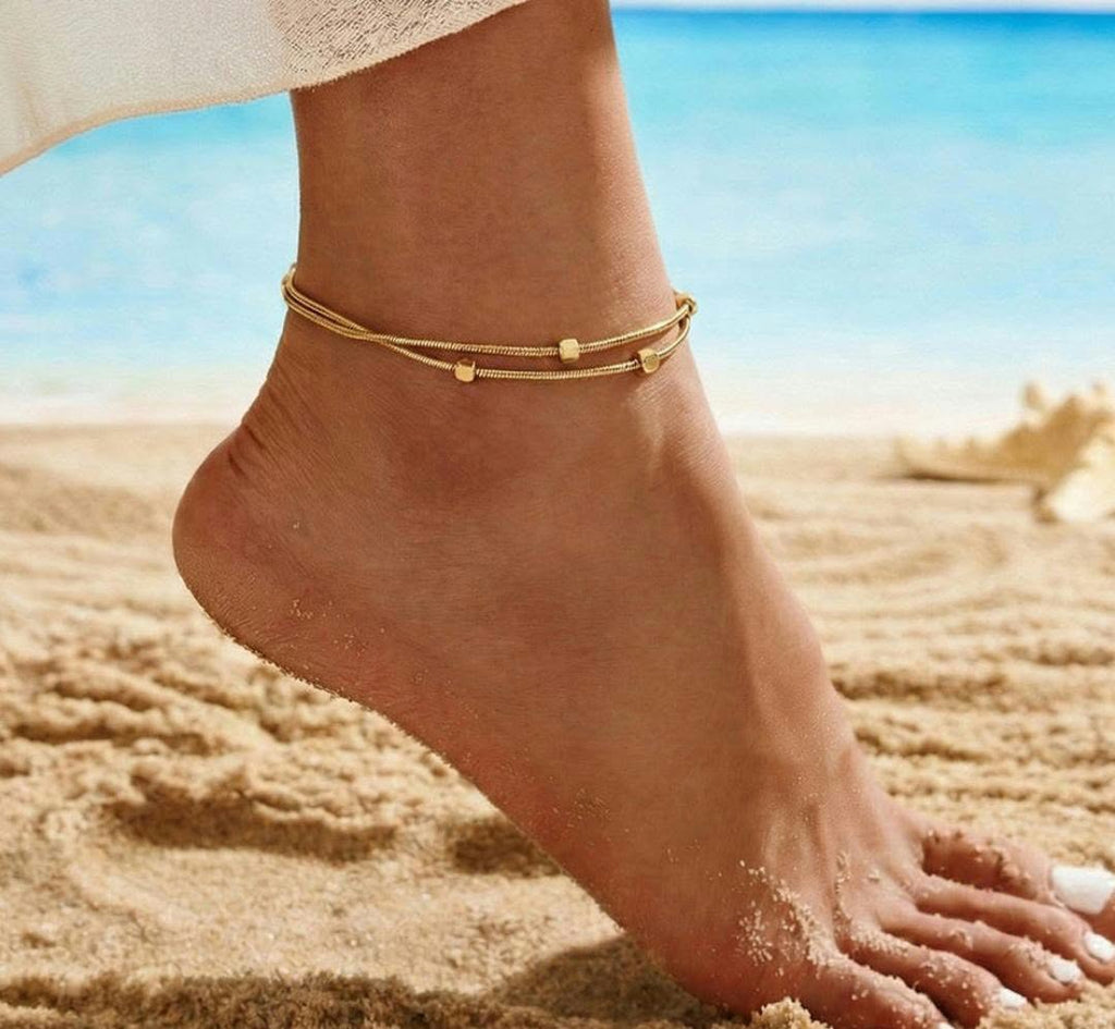 Anti-Tarnish Stainless Steel 18K Gold Dual Layer Snake Chain Beads Anklet