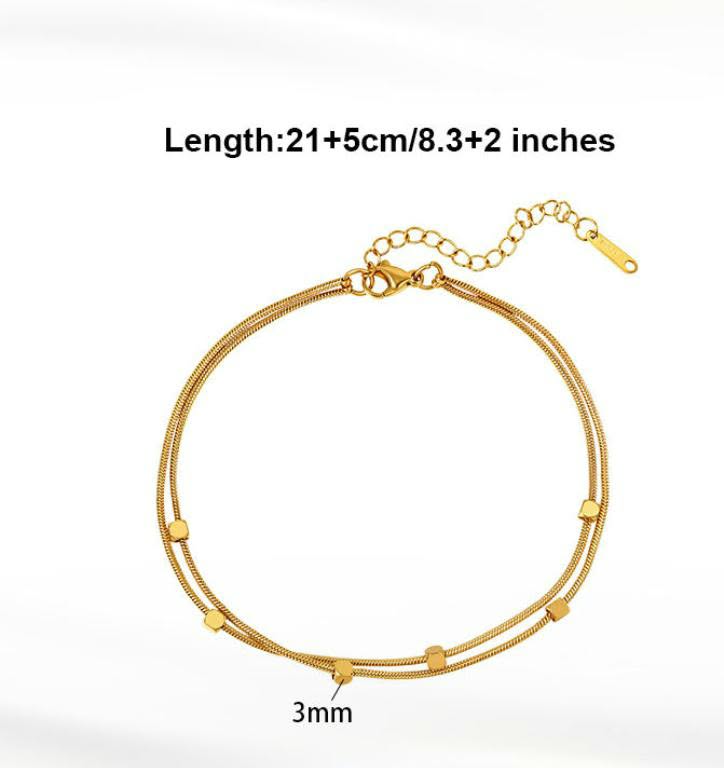 Anti-Tarnish Stainless Steel 18K Gold Dual Layer Snake Chain Beads Anklet
