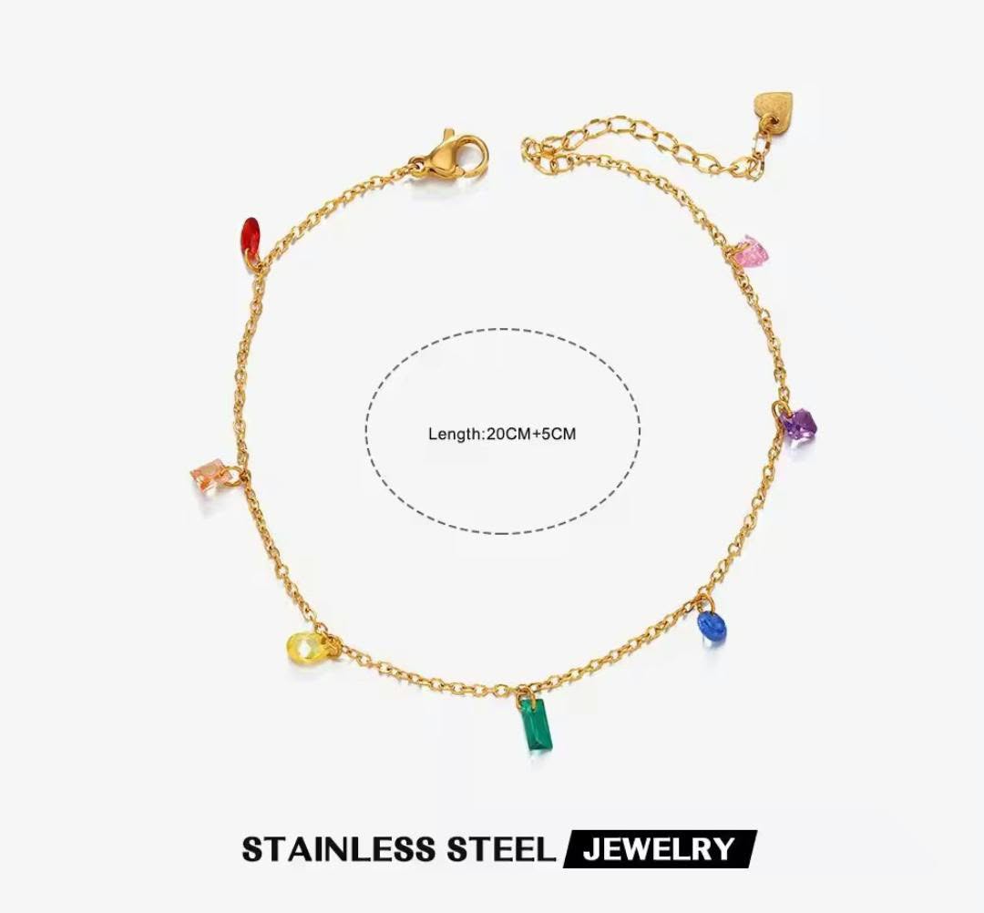 Anti-Tarnish Stainless Steel 18K Gold Multi-Color Stones Anklet